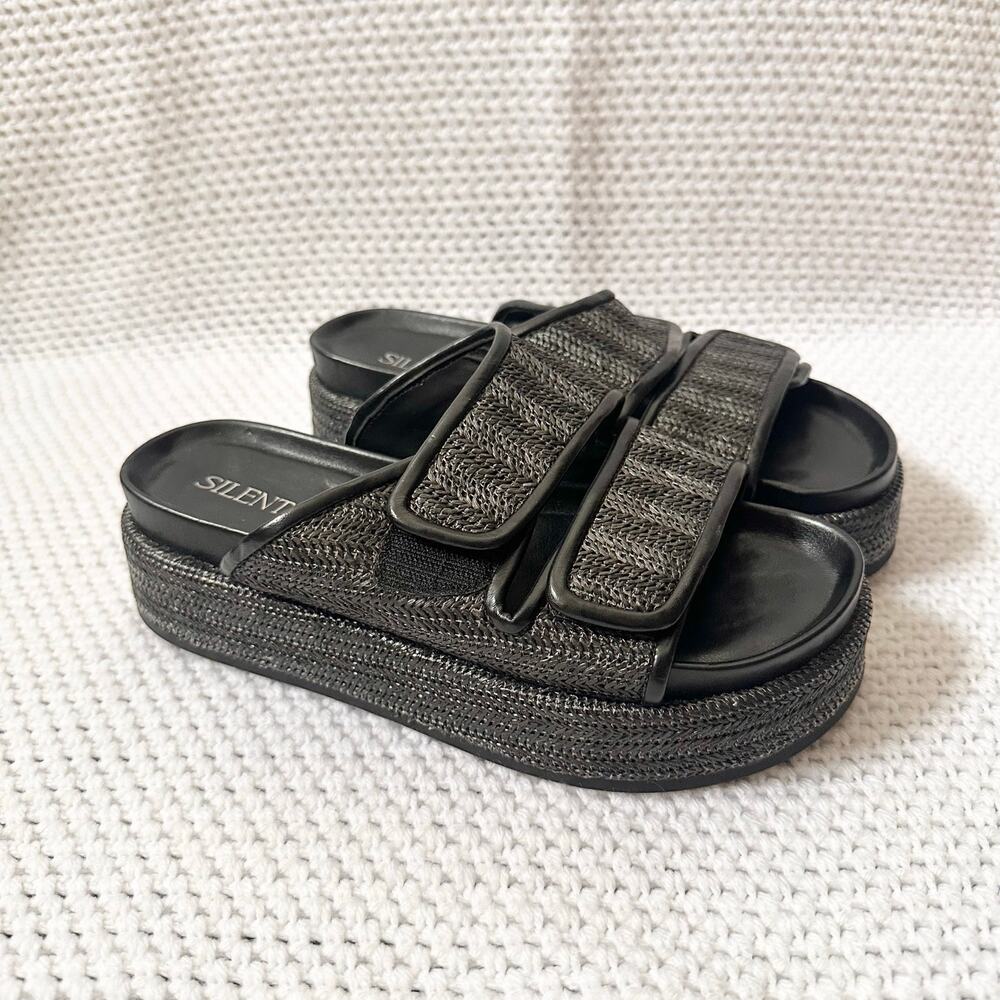 Silent D Gray Black Woven Raffia Double Strap Hook Loop Platform Sandals 39 Boho - Picture 3 of 9